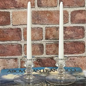 VTG Pair Mid Century Modern Clear Glass Tapered Candle Stick Holder MCM Ringed